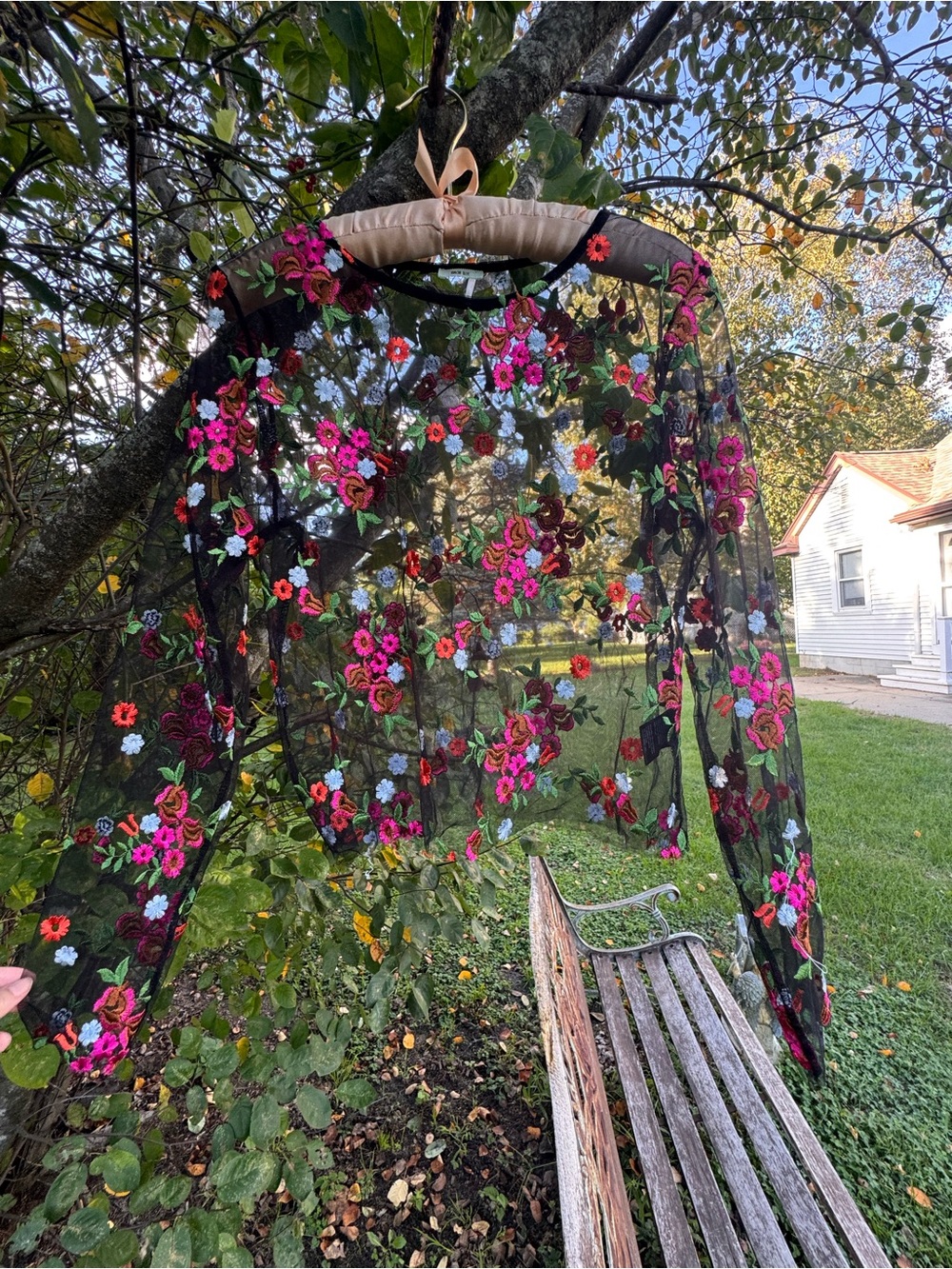 Kimchi Blue Black Sheer Floral Embroidered Capelet with Pink, Red & Blue Flowers
